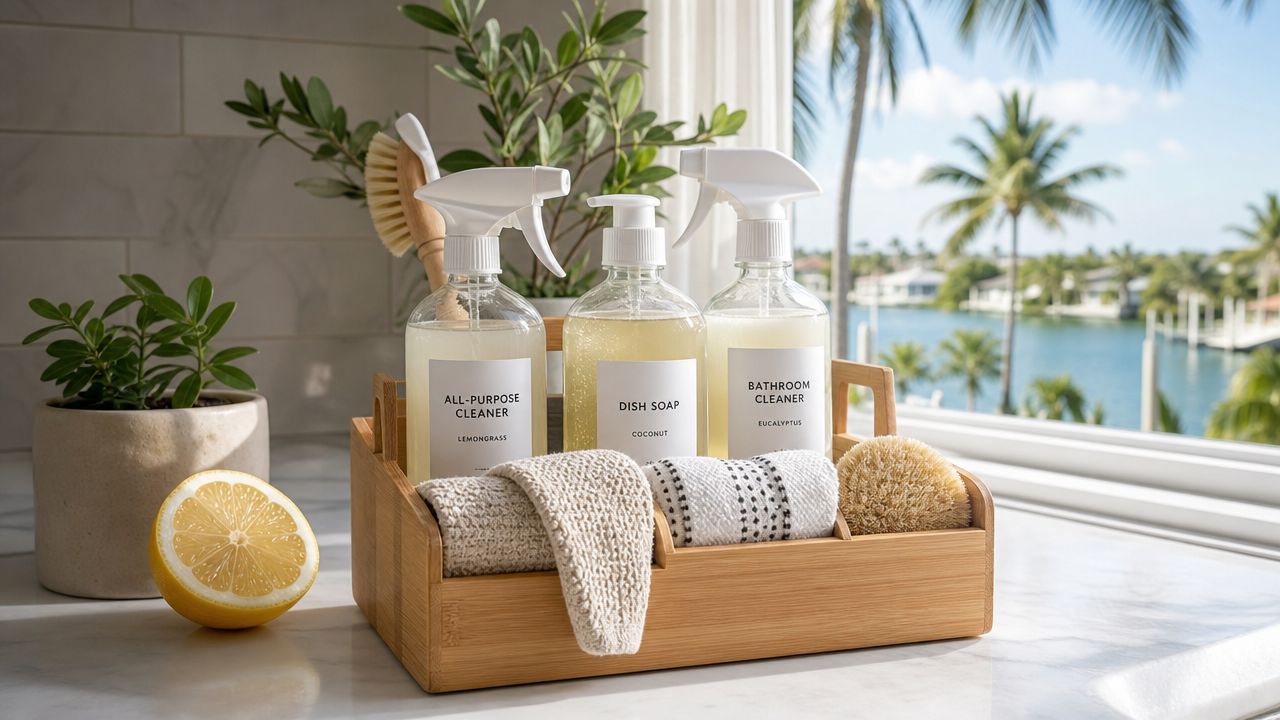A wooden organizer filled with natural cleaning supplies, cloths, and brushes on a marble countertop beside a lemon.