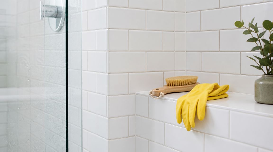 A scrub brush and yellow rubber cleaning gloves sitting on a bathroom ledge next to a plant.