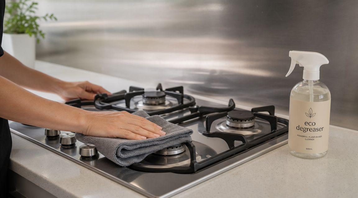 A person cleaning a stainless steel gas stove top with a grey microfiber cloth in a kitchen.
