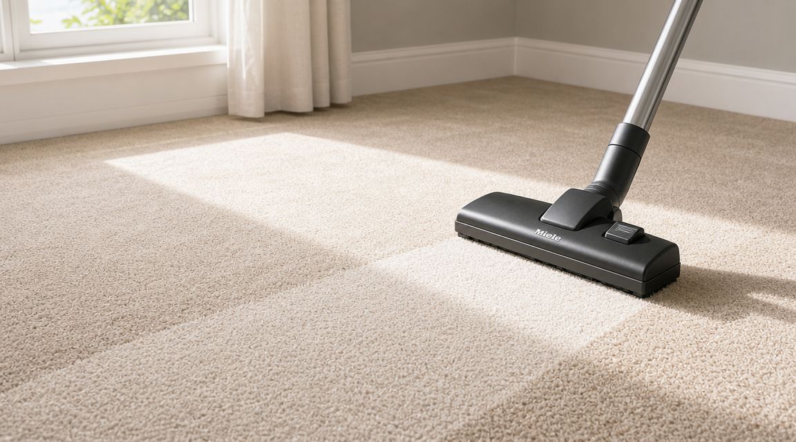 A Miele vacuum cleaner head cleaning a clean beige carpet in a residential living room area.