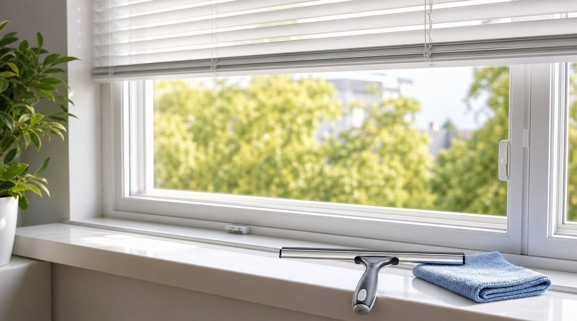 A window sill with a squeegee and a blue microfiber cloth, perfect for cleaning windows during a move.