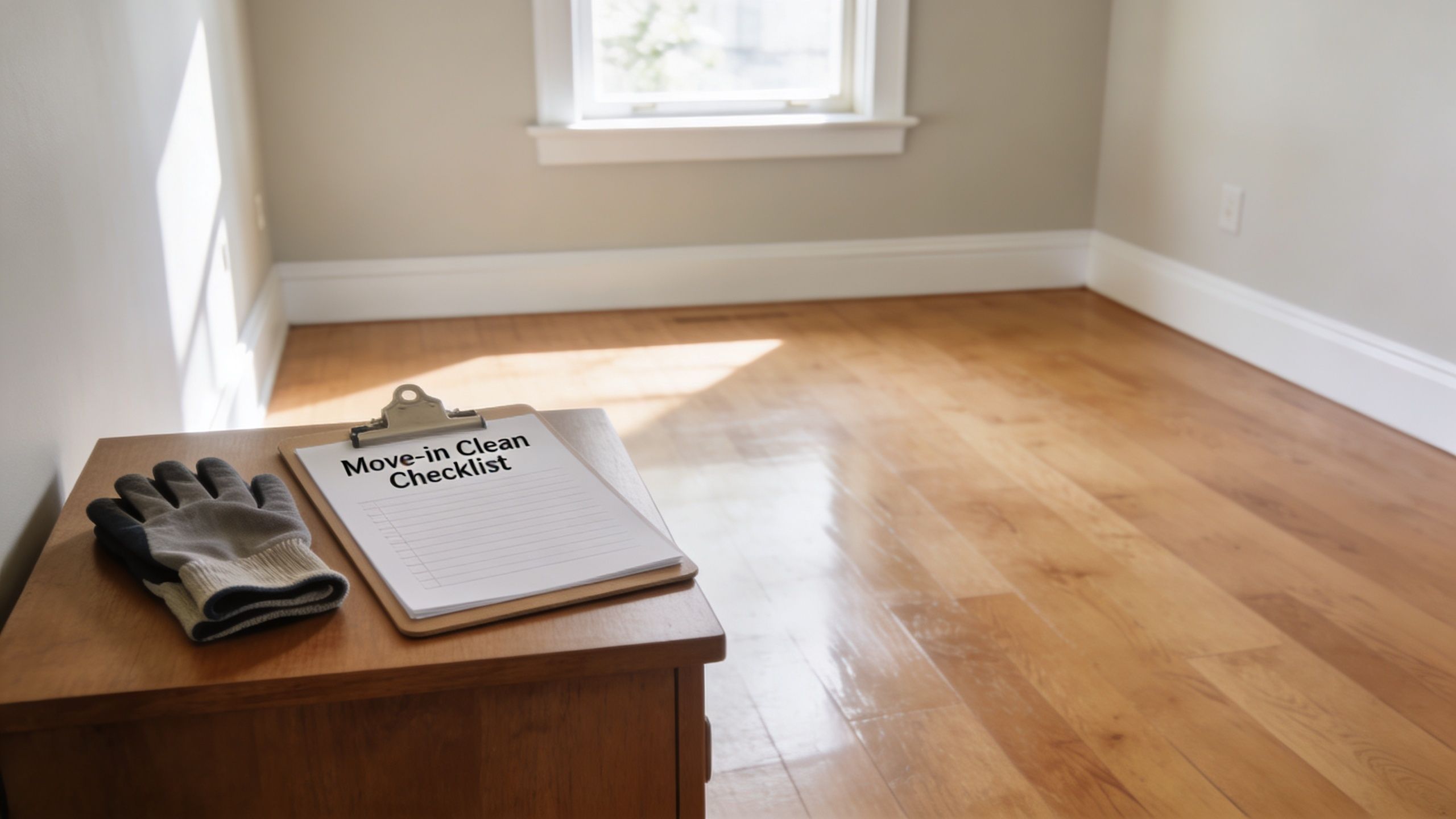 A clipboard with a move-in clean checklist and protective work gloves on a small wooden table.