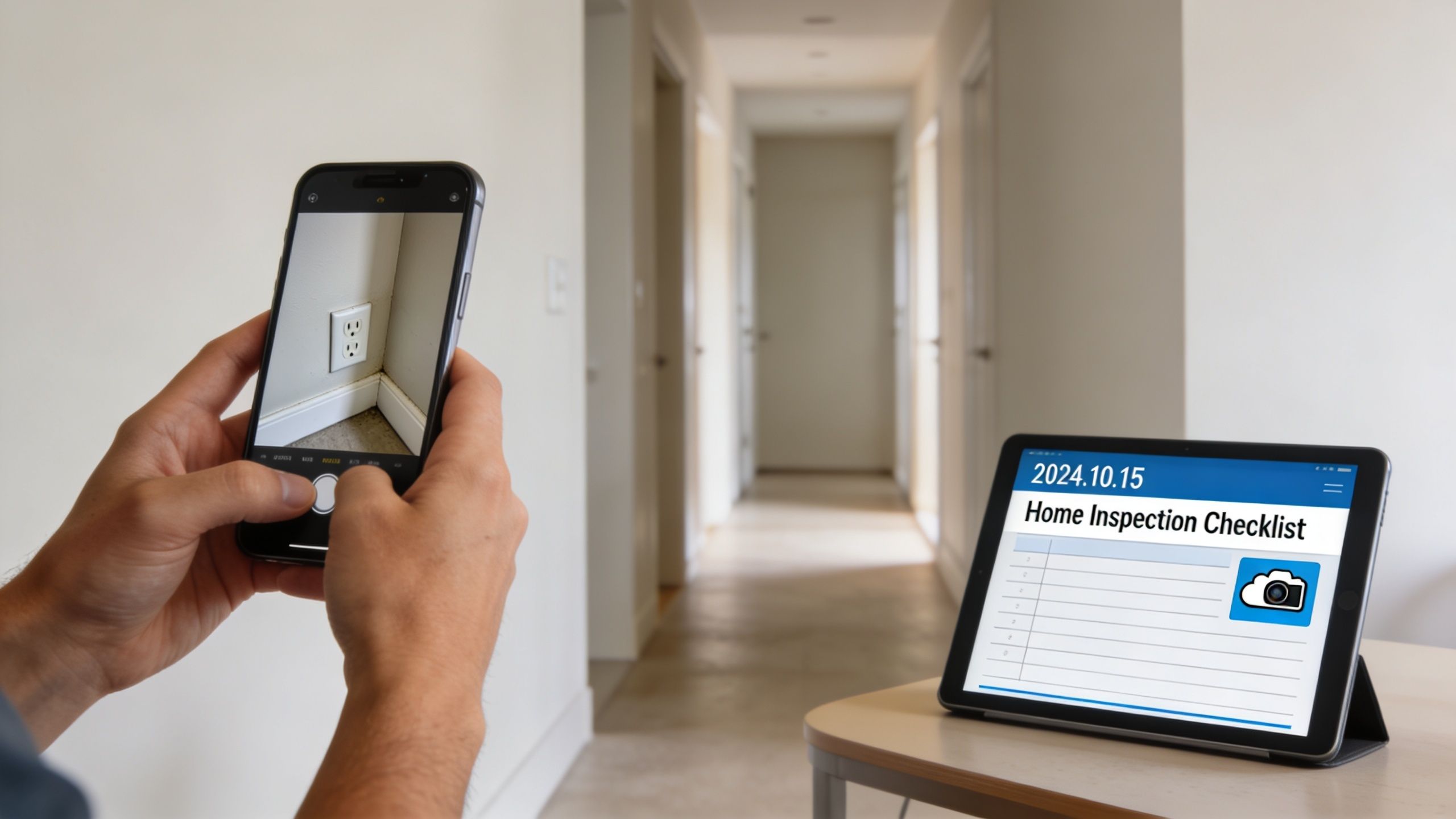 A person using a smartphone to photograph an electrical outlet while a home inspection checklist is visible.