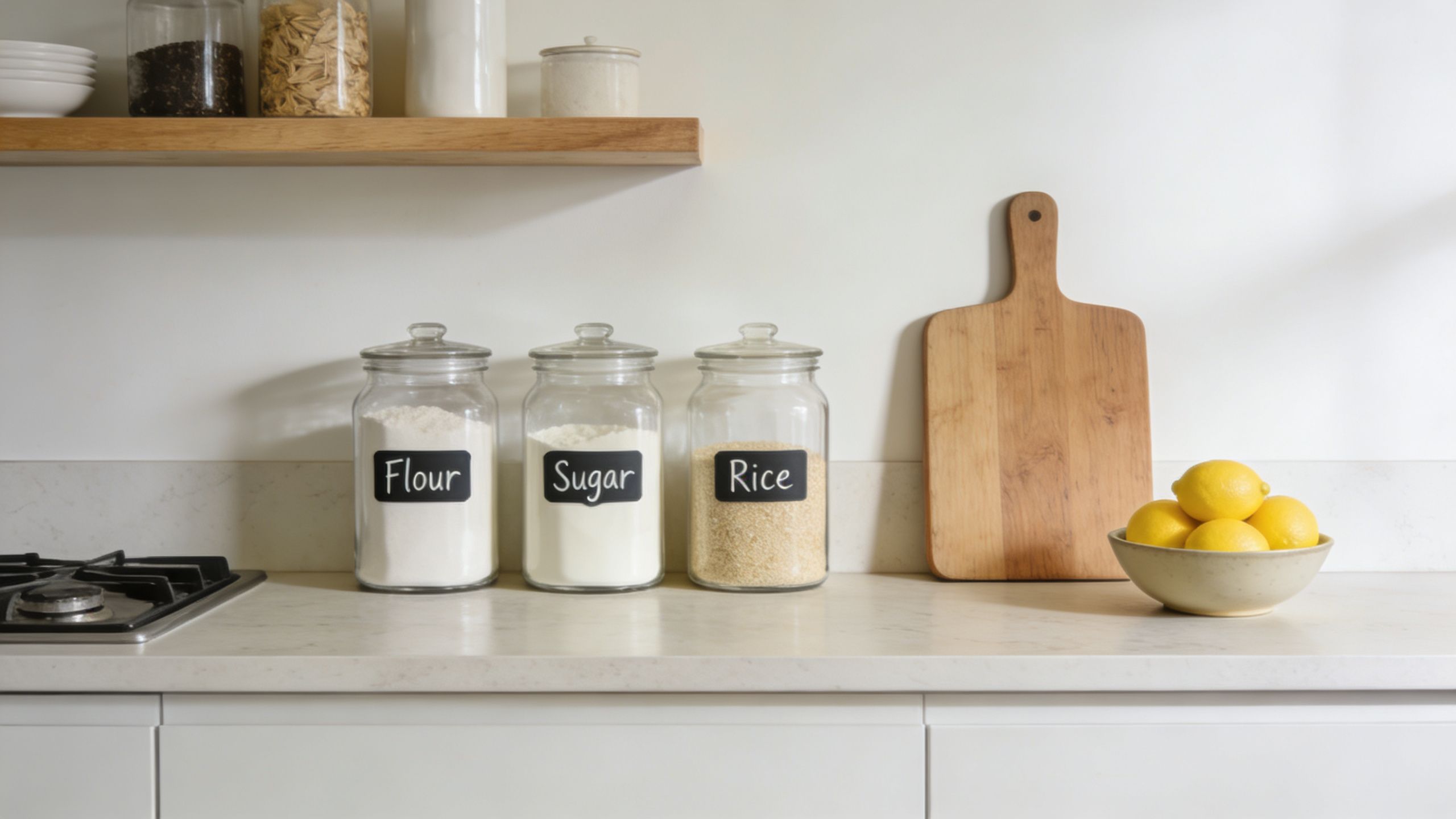 Three glass kitchen canisters labeled flour, sugar, and rice sit on a clean countertop near a wooden board.