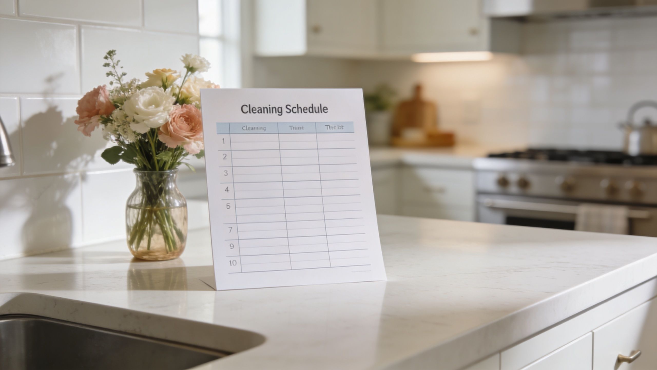 A blank cleaning schedule template stands upright on a bright white marble kitchen countertop next to flowers.