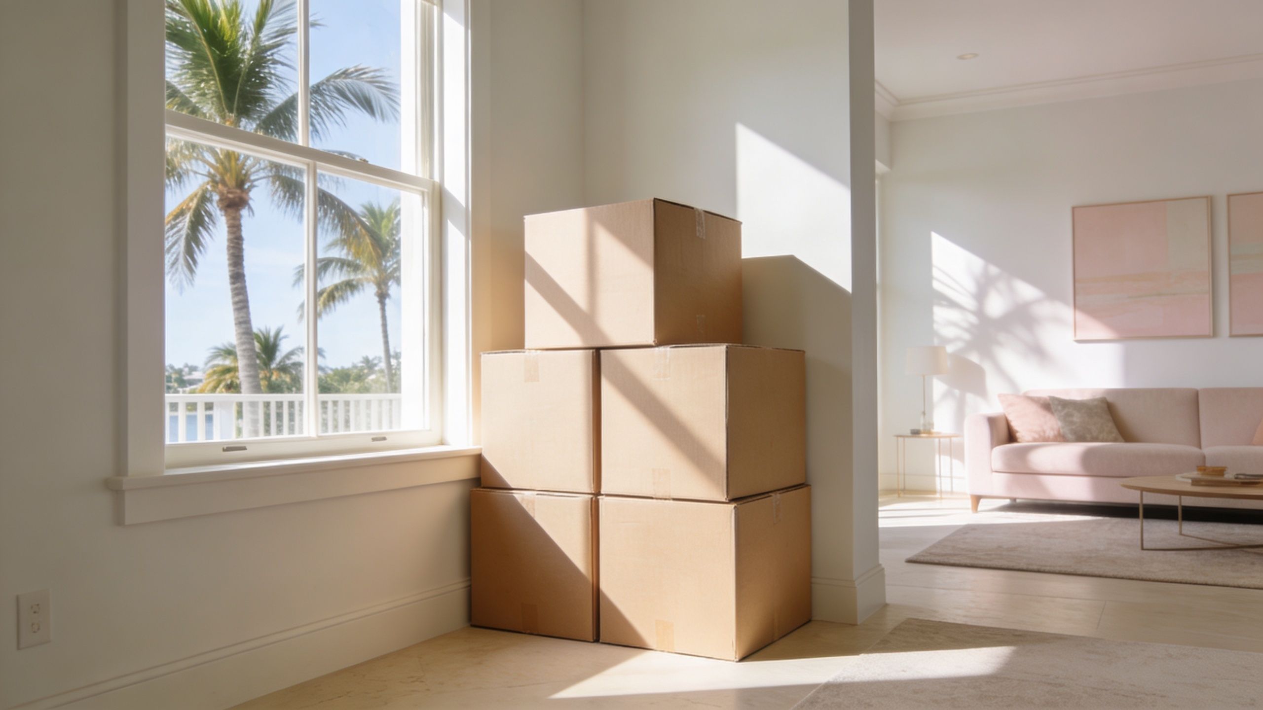 A stack of cardboard moving boxes placed in a sunlit room before a window and living area.