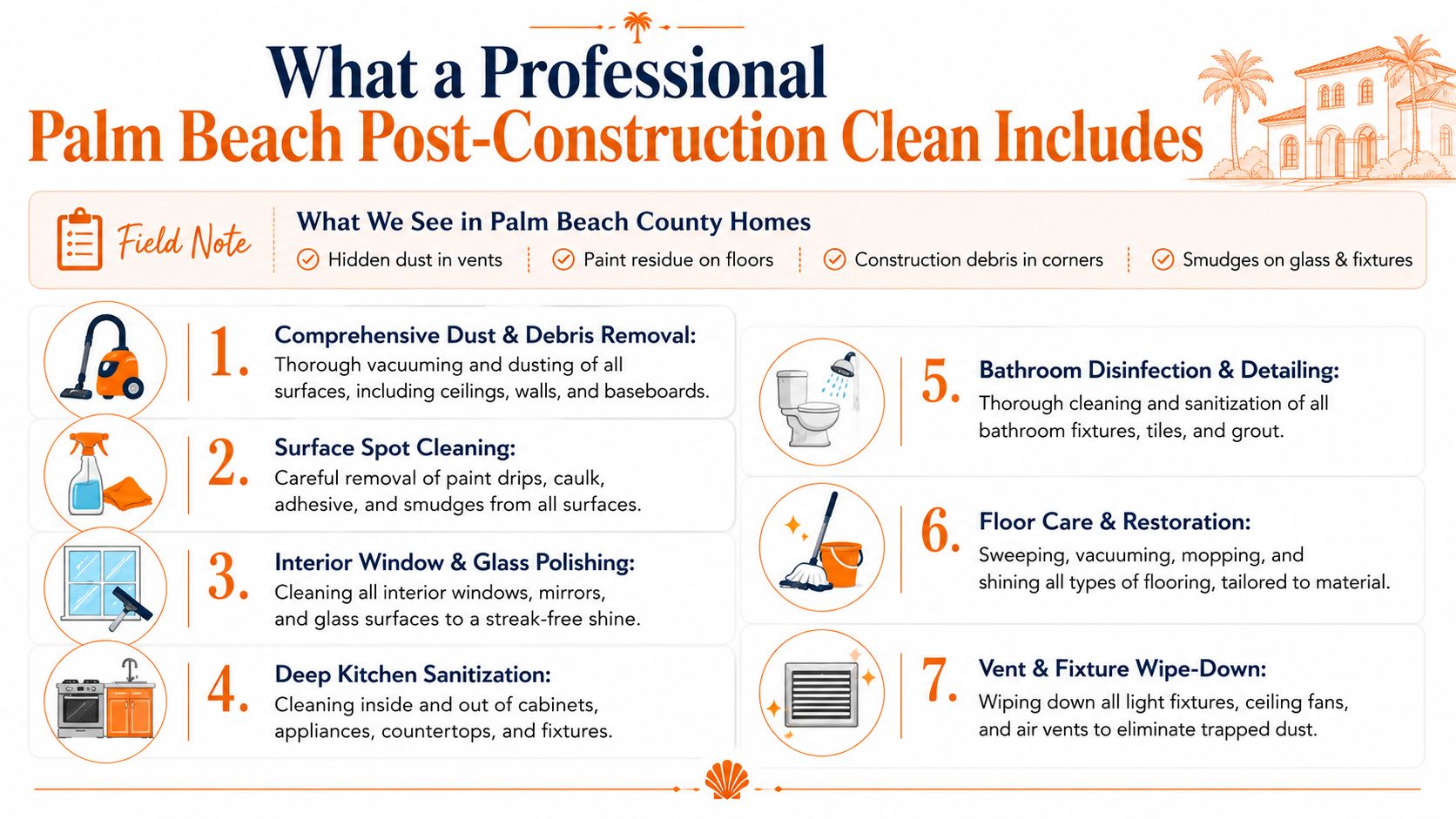 A professional infographic detailing the seven essential steps included in a Palm Beach post-construction cleaning service.