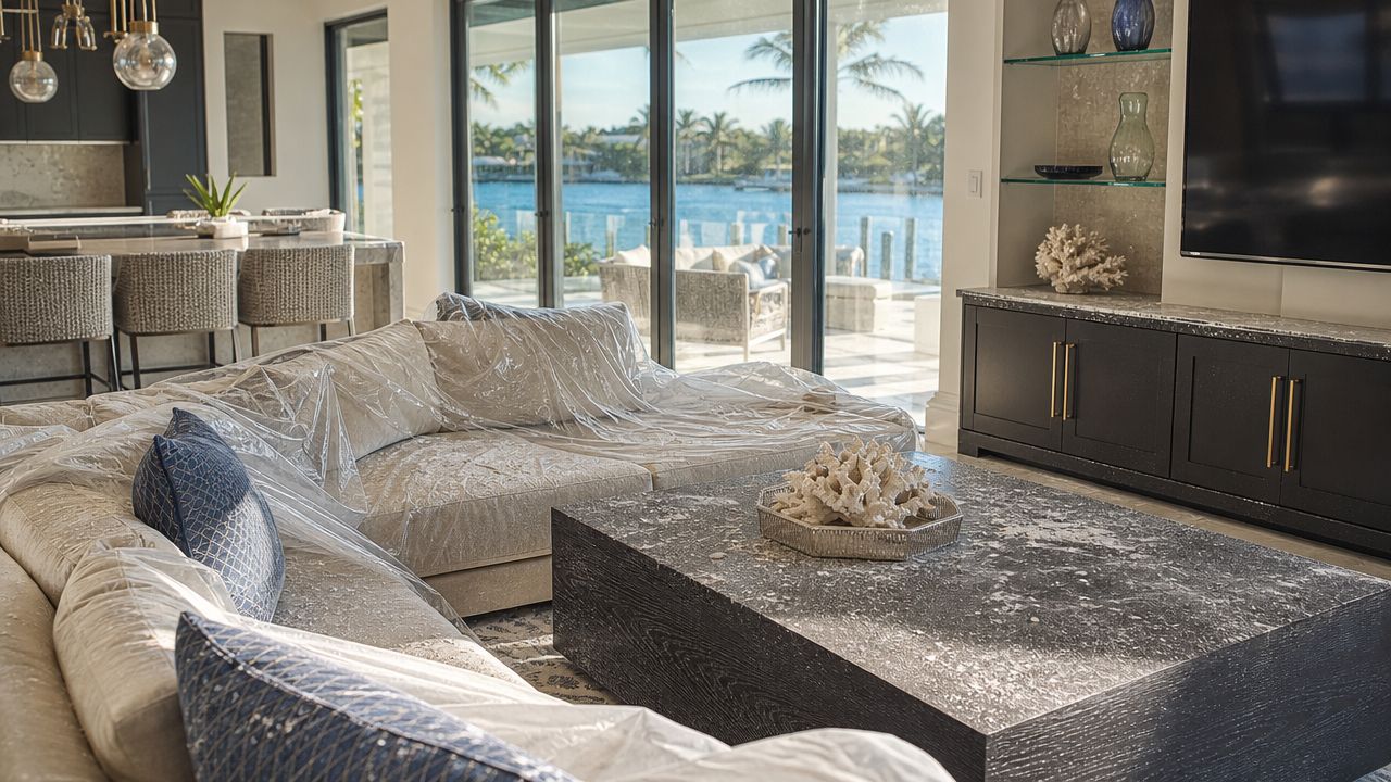 A modern living room featuring a couch covered in plastic wrap with a dark marble coffee table.