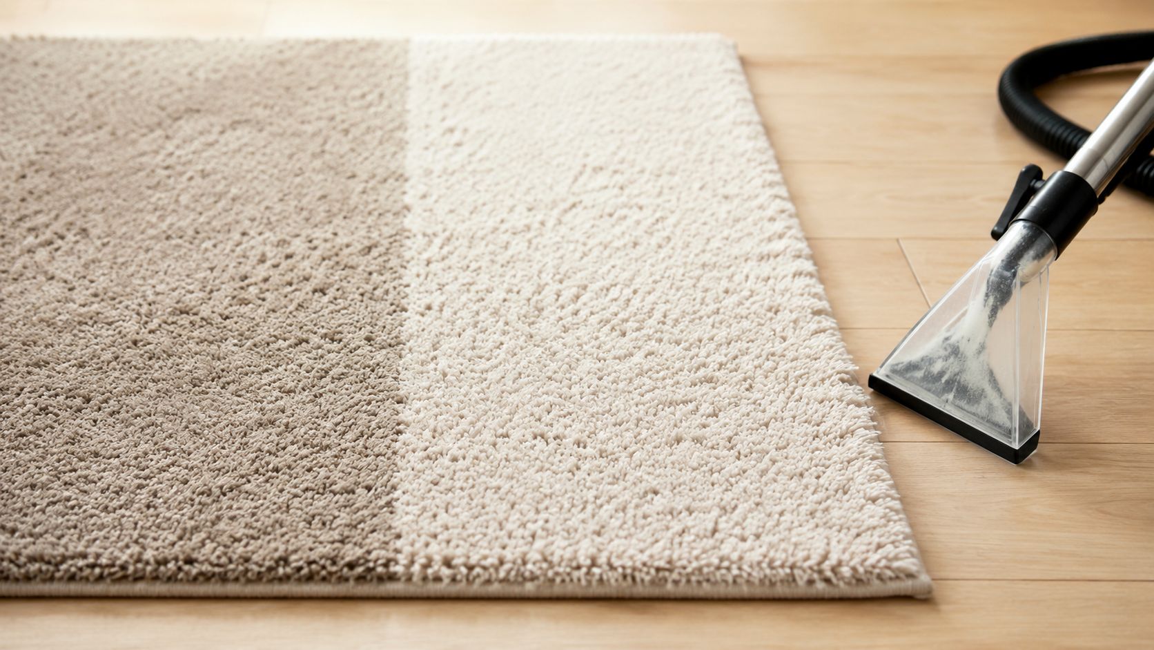 A professional carpet cleaner tool cleaning a plush beige rug on a light wooden floor.
