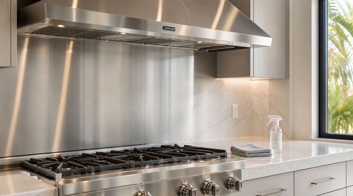 A clean modern kitchen stove with a stainless steel range hood and a spray bottle on the counter.