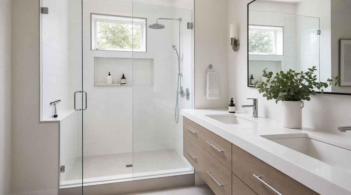 A modern, clean bathroom with a walk-in glass shower, double vanity, and light wood cabinets.