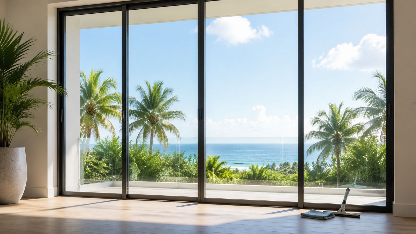 A clean sliding glass door looking out onto a sunny tropical beach view with palm trees.