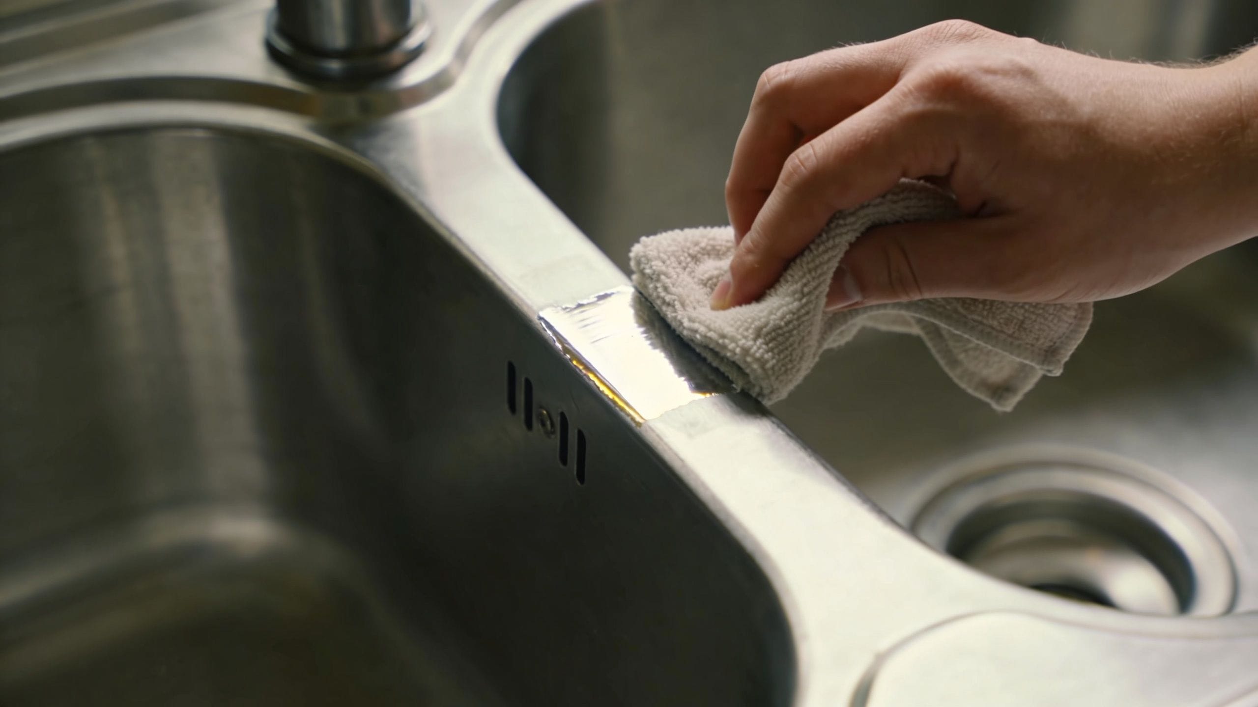 A hand using a small cloth to polish a stainless steel kitchen sink to remove surface scratches.