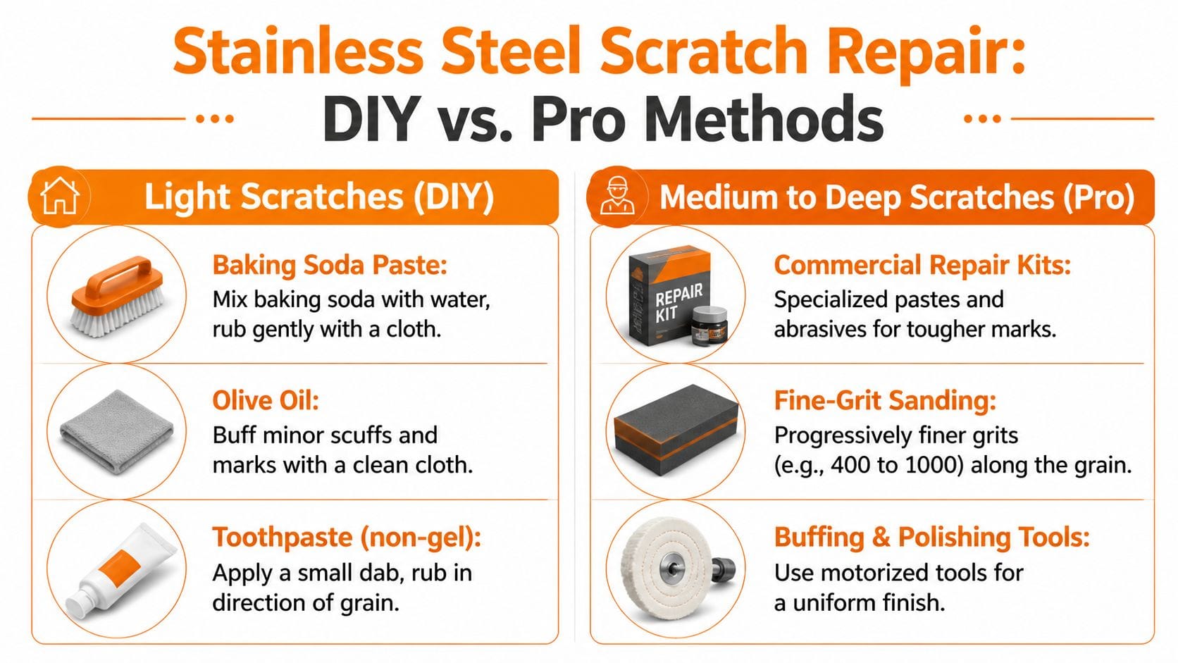A comparison chart outlining DIY methods for light scratches and professional techniques for deep stainless steel scratches.