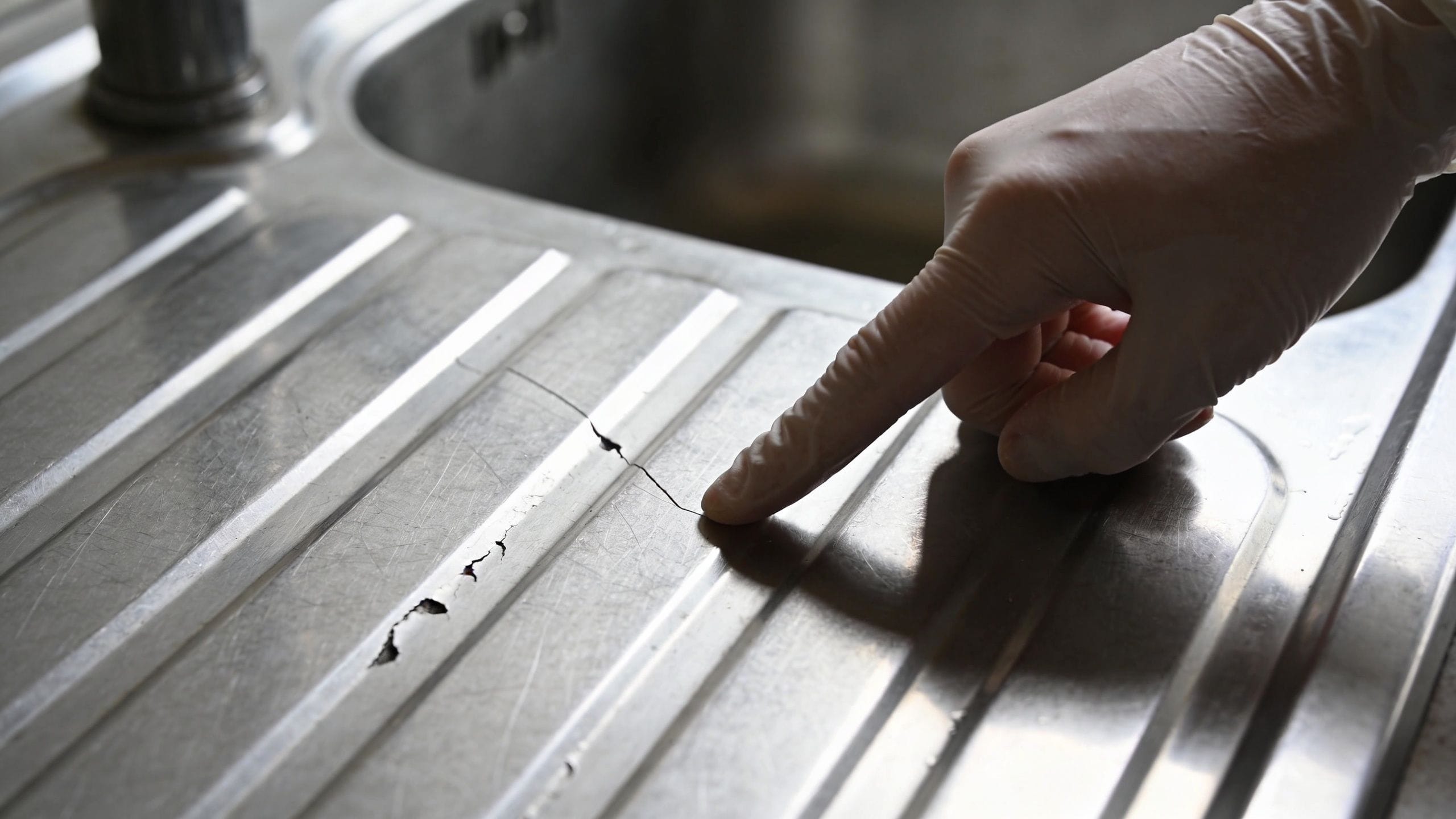 A hand wearing a white glove pointing at a deep crack on a stainless steel sink drainboard.