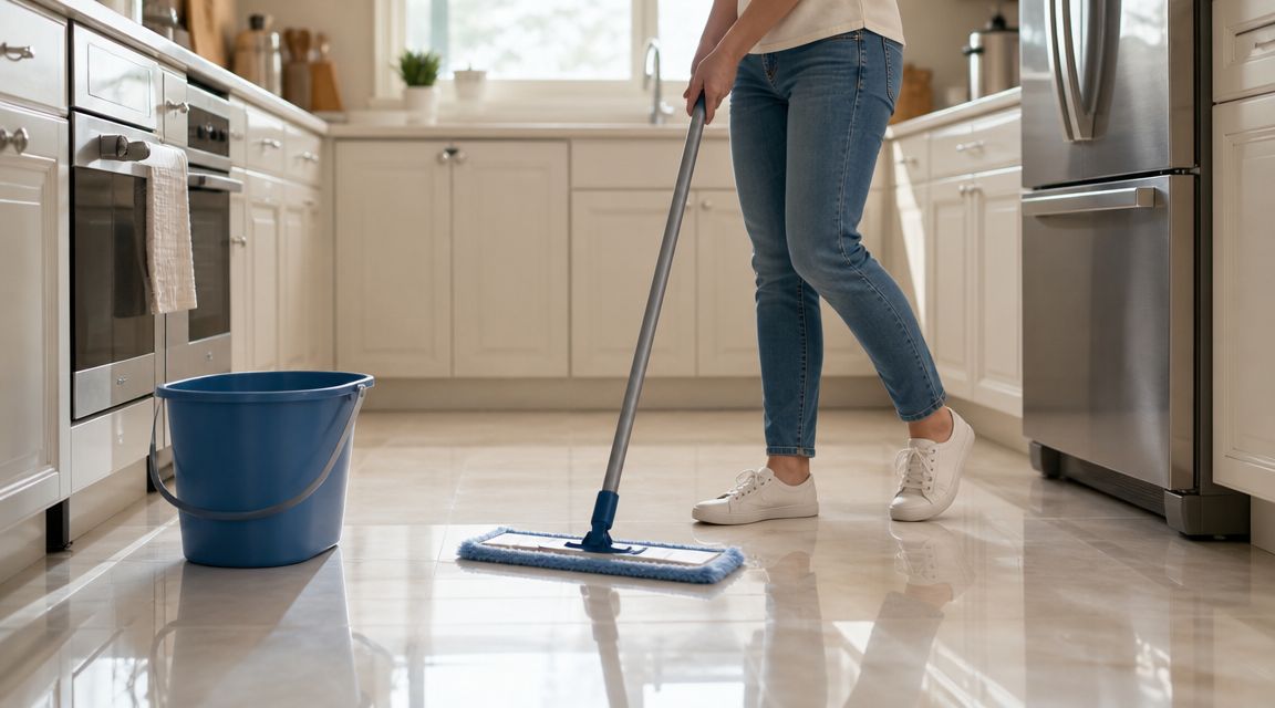 A person cleaning a shiny tile floor with a mop in a modern, well-lit home kitchen.