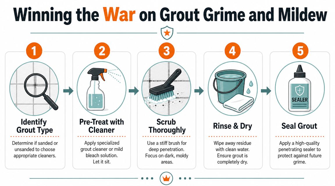 A five-step infographic showing how to clean grout grime and mildew from tile surfaces effectively.