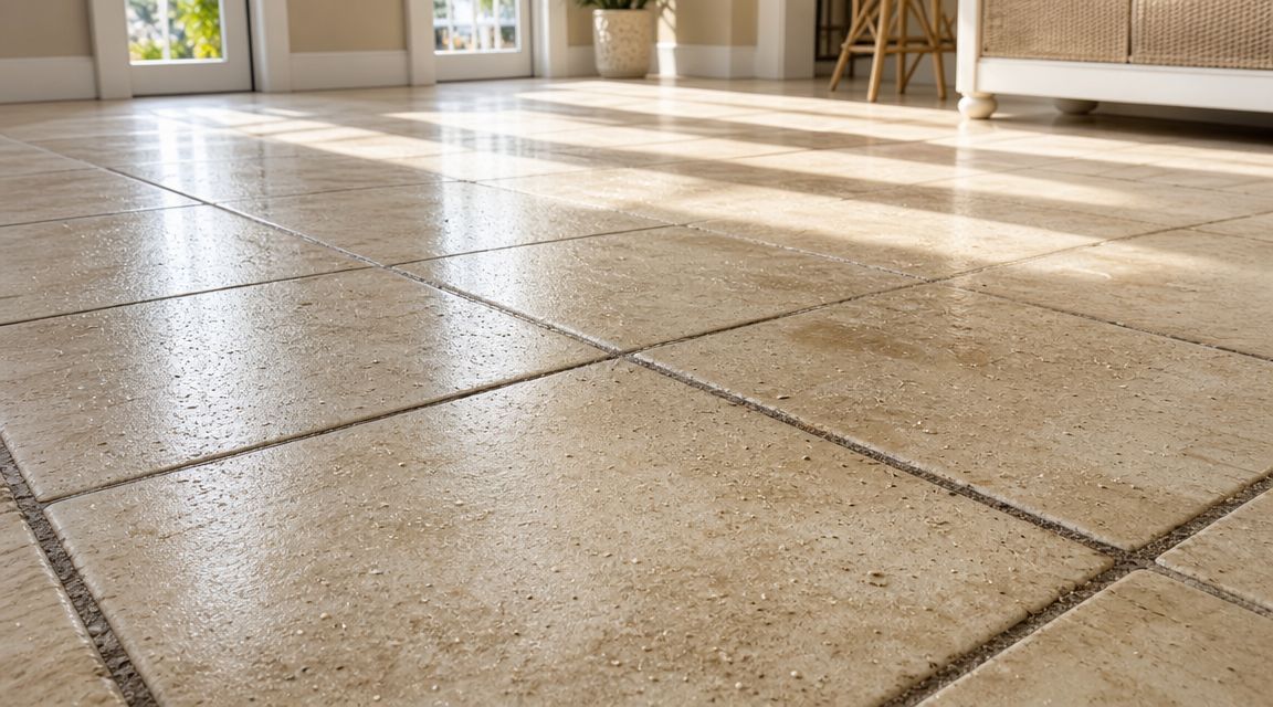 A close-up view of beige textured stone floor tiles with natural light streaming across the surface.