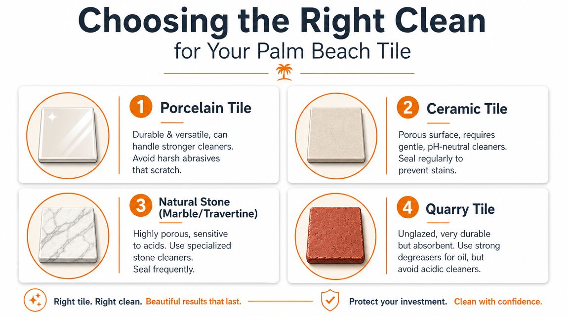 An infographic titled Choosing the Right Clean for Your Palm Beach Tile, explaining cleaning tips for four types.