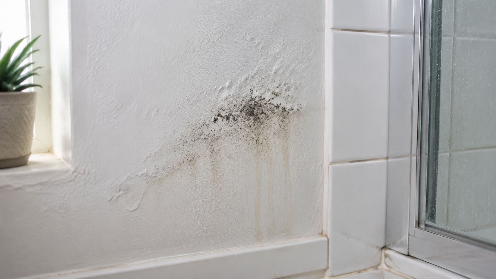 Close-up of black mold spots and water damage on a white bathroom wall near a shower.