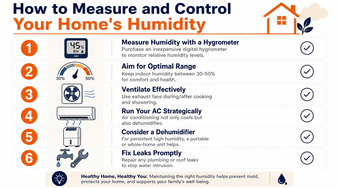 An infographic titled How to Measure and Control Your Home's Humidity with six numbered tips.