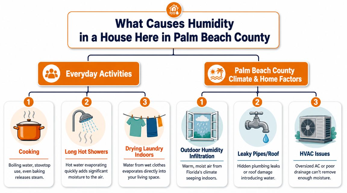 A diagram illustrating common causes of household humidity in Palm Beach County, including everyday activities and environmental factors.