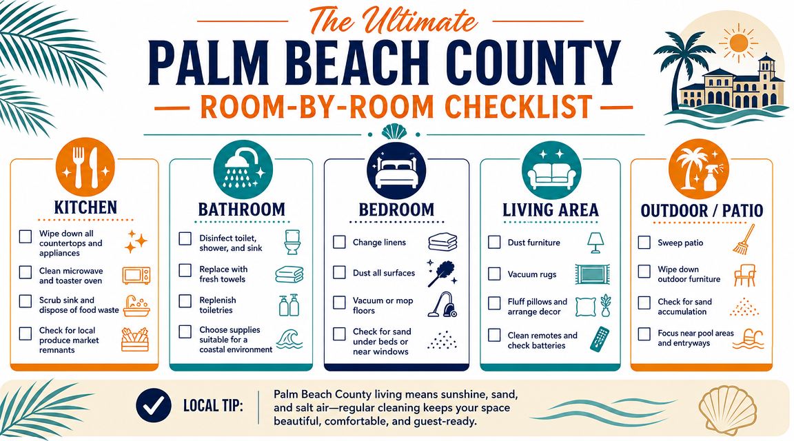 A room-by-room house cleaning checklist for Airbnb properties in Palm Beach County with specific coastal care tips.