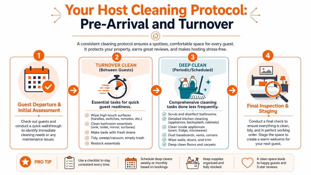 An infographic detailing a four-step host cleaning protocol for short-term rental properties, including turnover and deep cleaning tasks.