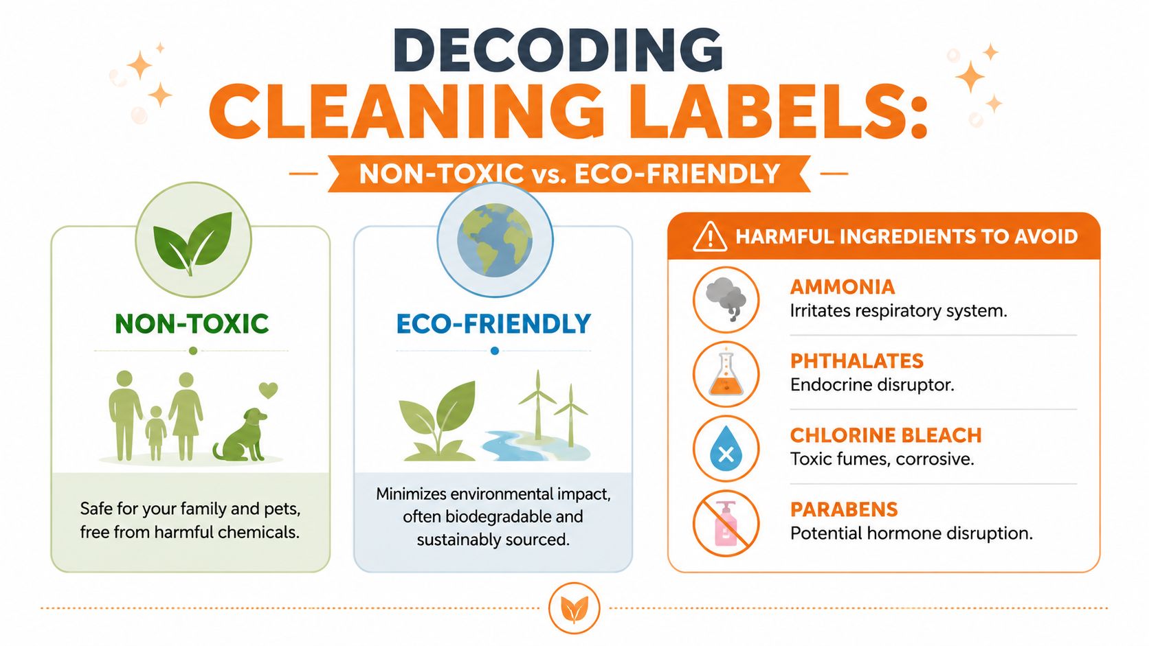 An infographic explaining the differences between non-toxic and eco-friendly cleaning labels, plus harmful ingredients to avoid.