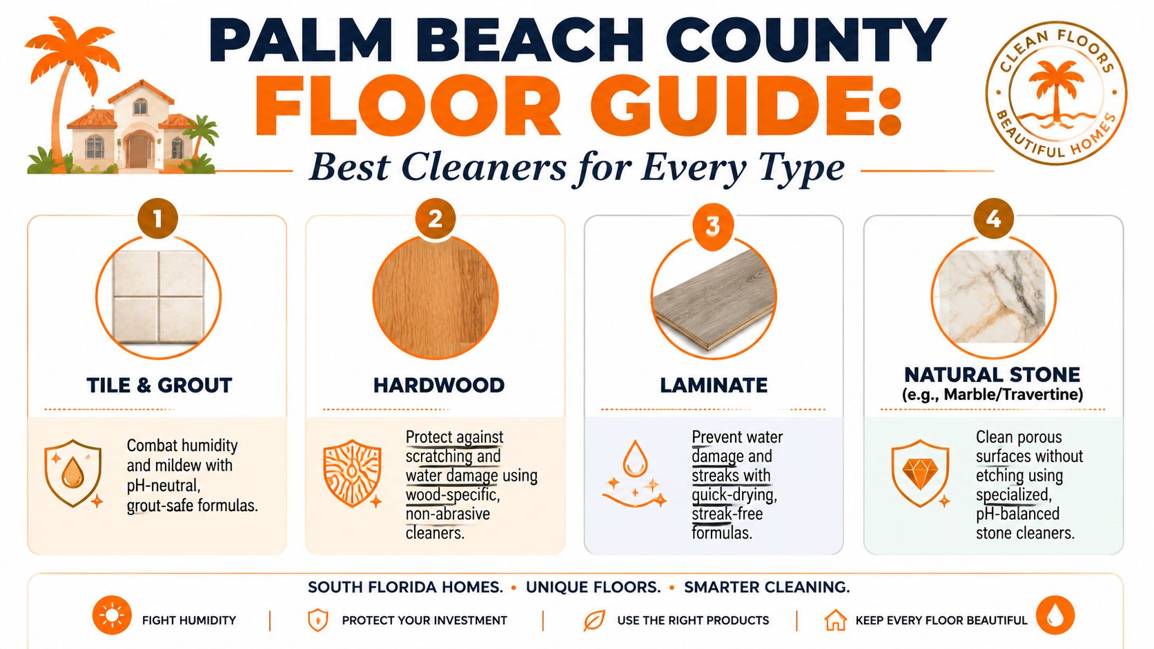 An infographic detailing the best cleaning methods for tile, hardwood, laminate, and natural stone flooring types.