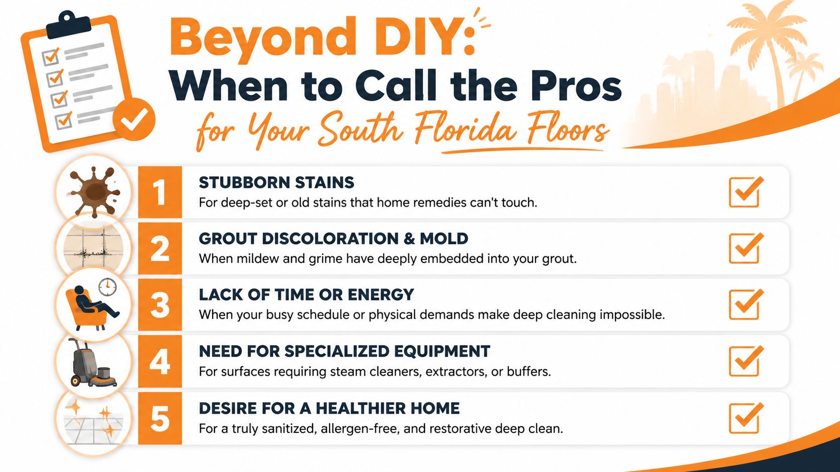 A checklist infographic titled Beyond DIY: When to Call the Pros for Your South Florida Floors.