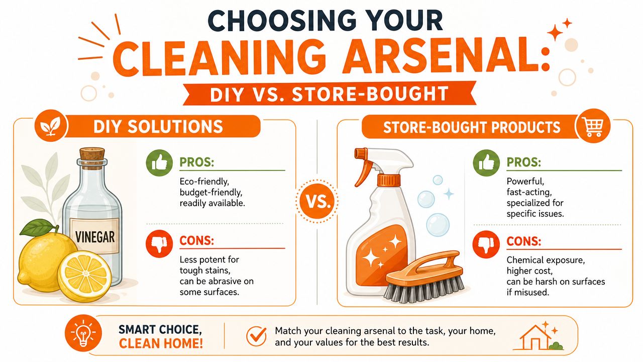 An infographic comparing DIY cleaning solutions versus store-bought products with pros and cons listed for each.