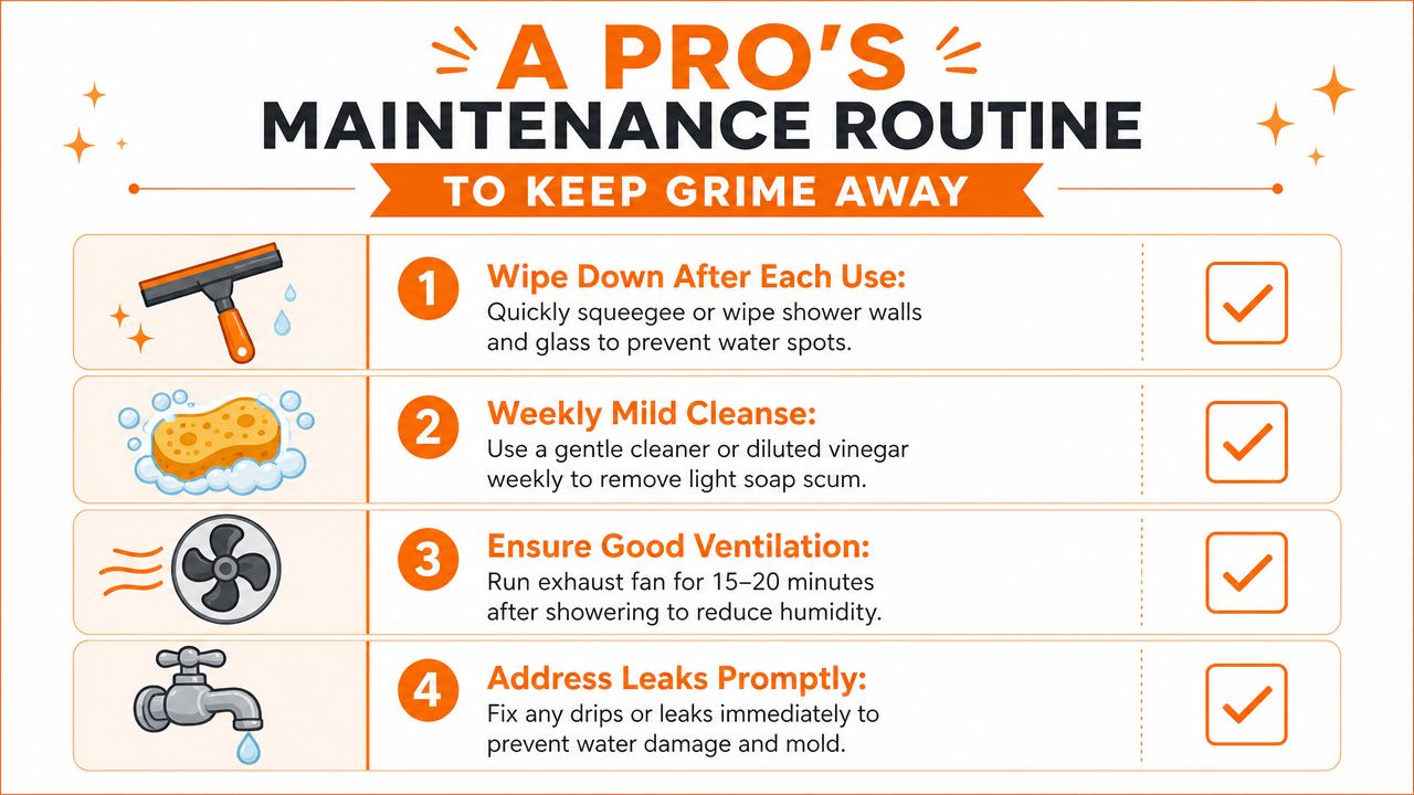An infographic titled A Pro's Maintenance Routine featuring four tips for cleaning shower walls and glass.