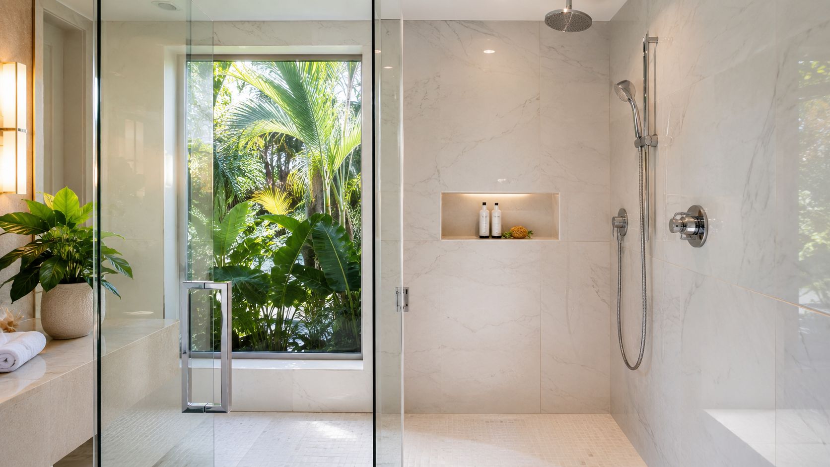 A luxurious walk-in shower with white marble tiles and a view of lush tropical plants outside.