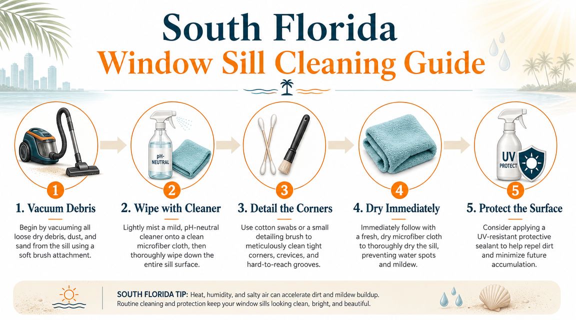 A five-step guide on how to properly clean and maintain window sills in South Florida homes.