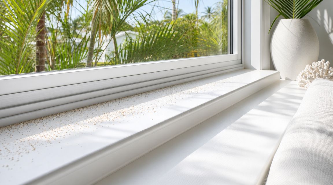 A close-up view of a white windowsill with tiny debris particles scattered along the edge.