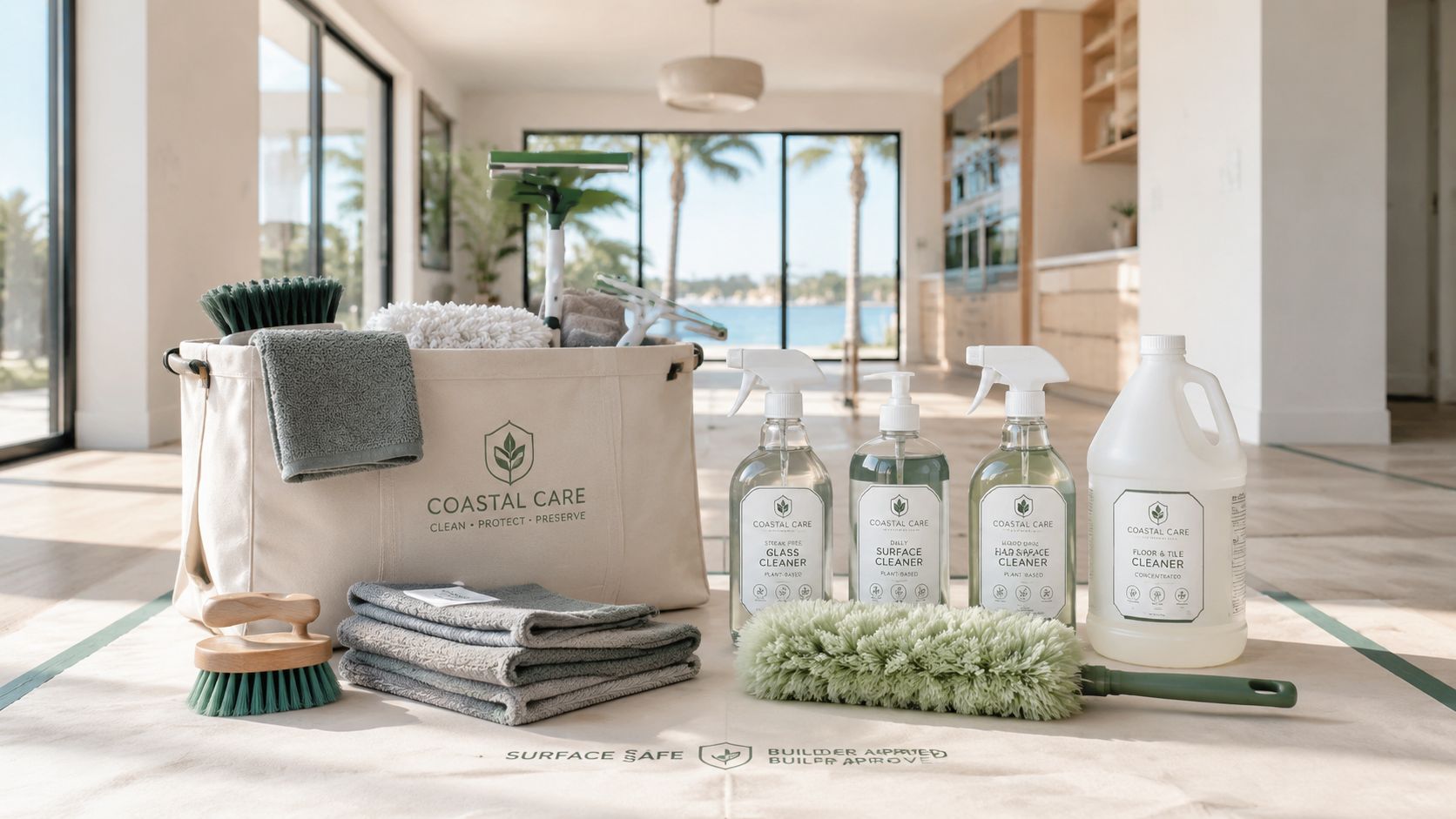 A selection of eco-friendly Coastal Care cleaning supplies, tools, and cloths displayed inside a new home.