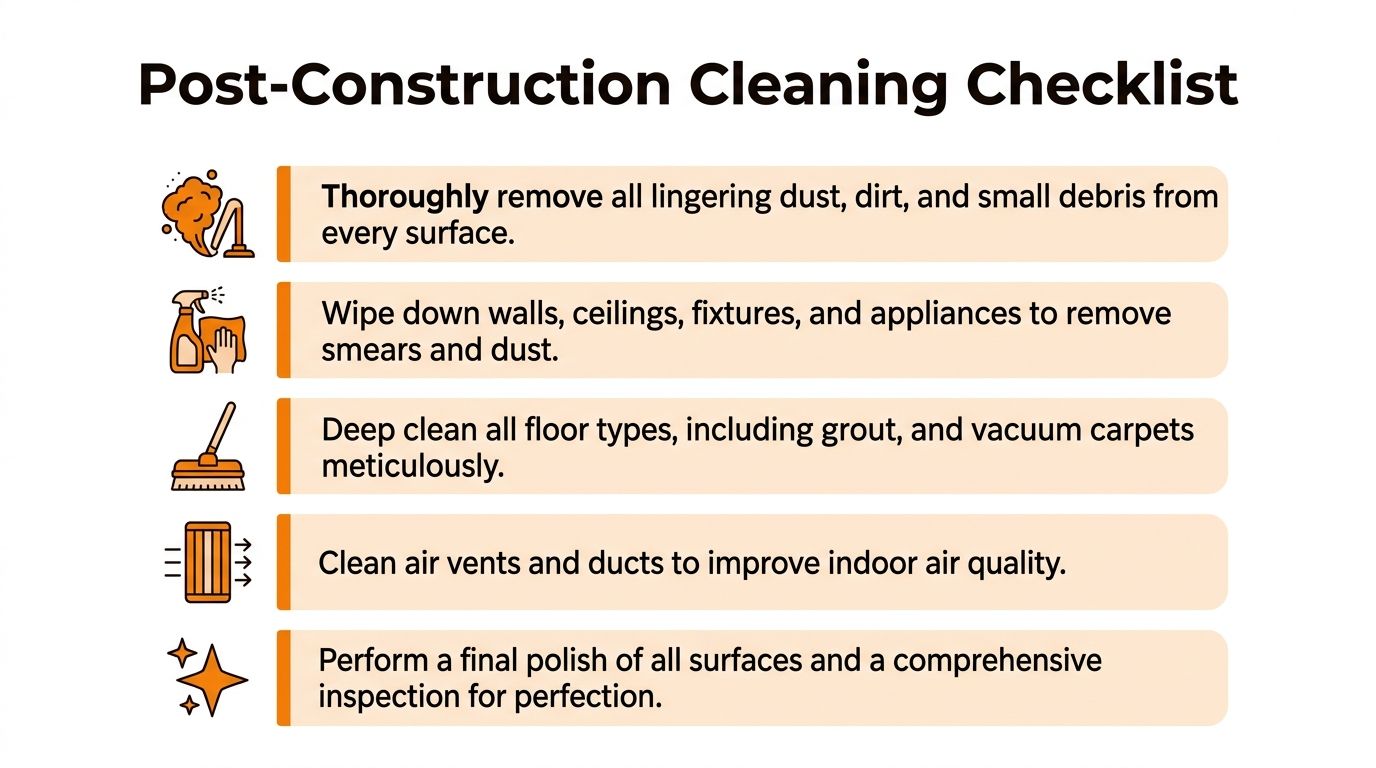 A professional infographic titled Post-Construction Cleaning Checklist featuring five key steps for tidying up after construction work.