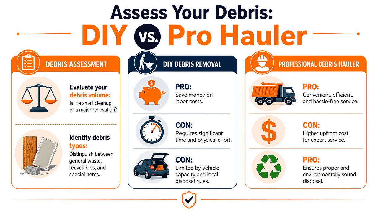 An infographic comparing the pros and cons of DIY debris removal versus hiring a professional hauler.