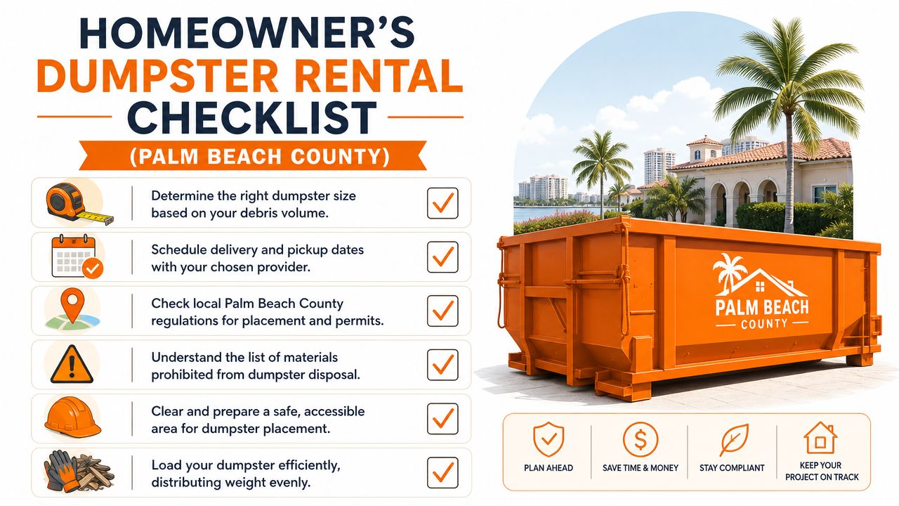 A helpful checklist for residents in Palm Beach County renting a dumpster for debris removal projects.