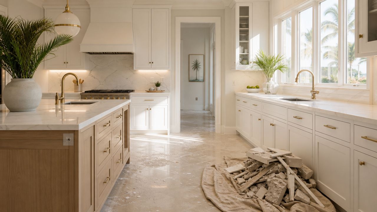 A modern white and light wood kitchen with construction debris piled on a drop cloth during renovation.