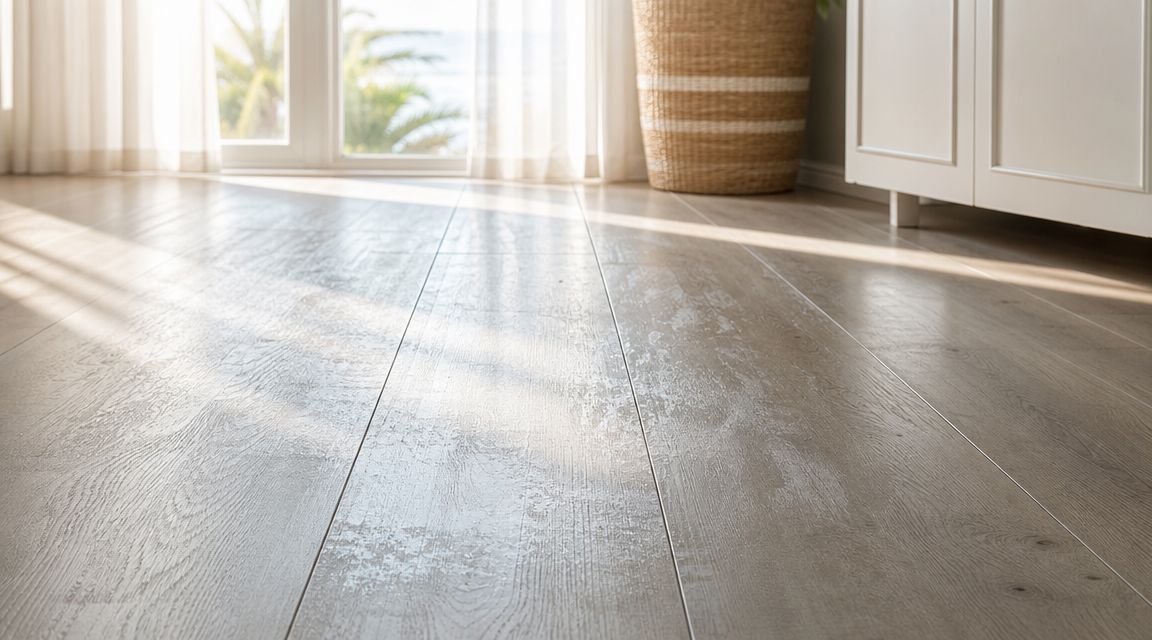 Bright sunlight streaming through a window onto clean, light-colored wood laminate flooring in a modern living room.