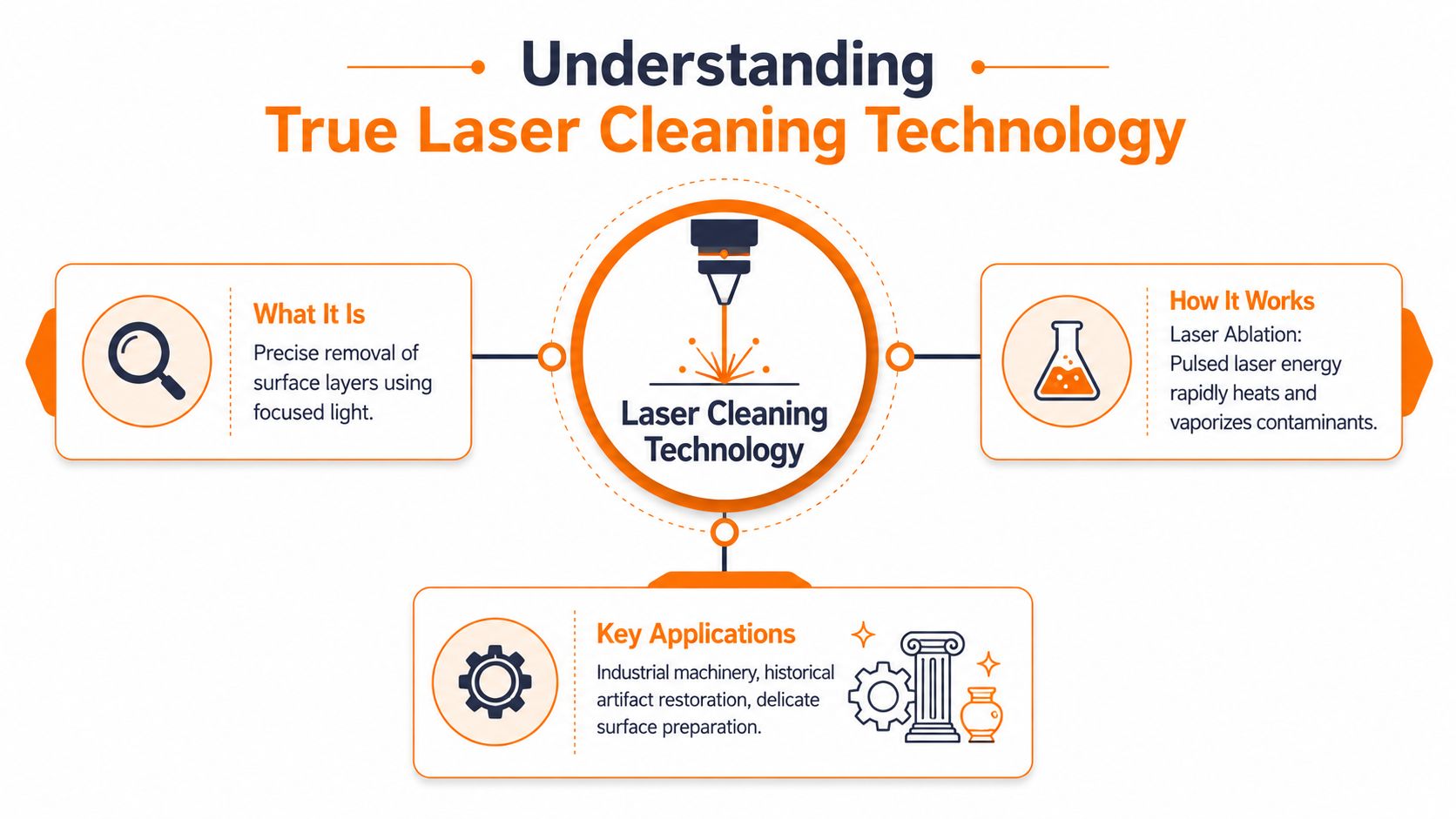 An infographic titled Understanding True Laser Cleaning Technology explaining its definition, mechanism, and various industrial applications.