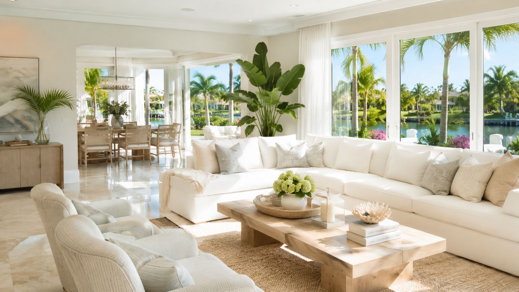 A bright and airy coastal living room featuring a white sectional sofa and large panoramic canal views.