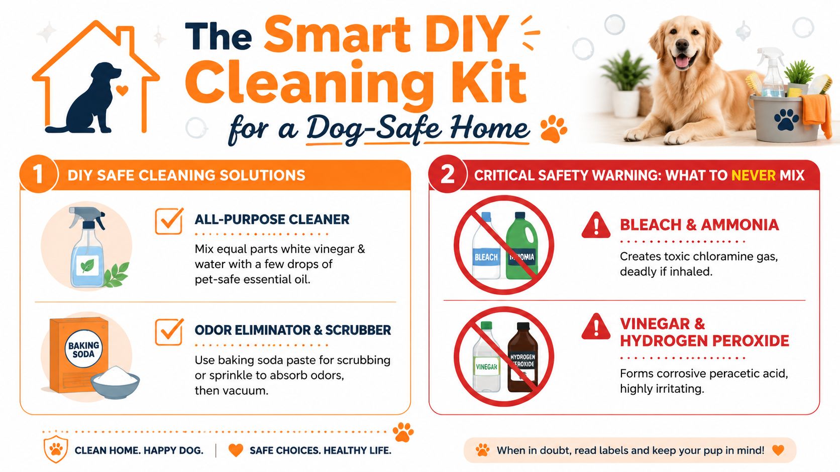 An infographic titled The Smart DIY Cleaning Kit for a Dog-Safe Home showing pet-safe cleaning tips.