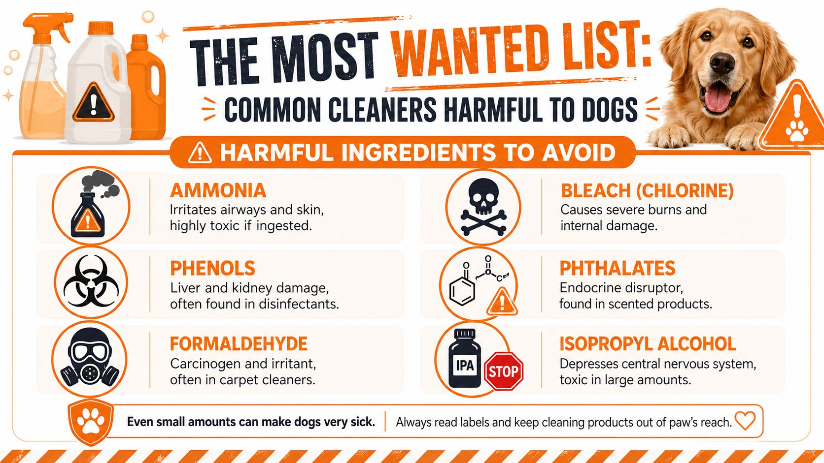 A safety infographic titled The Most Wanted List outlining common cleaning ingredients that are harmful to dogs.