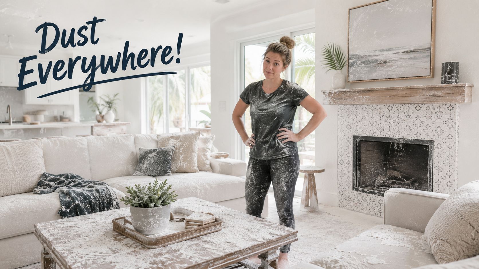 A woman stands in a living room covered in thick drywall dust after a home renovation project.