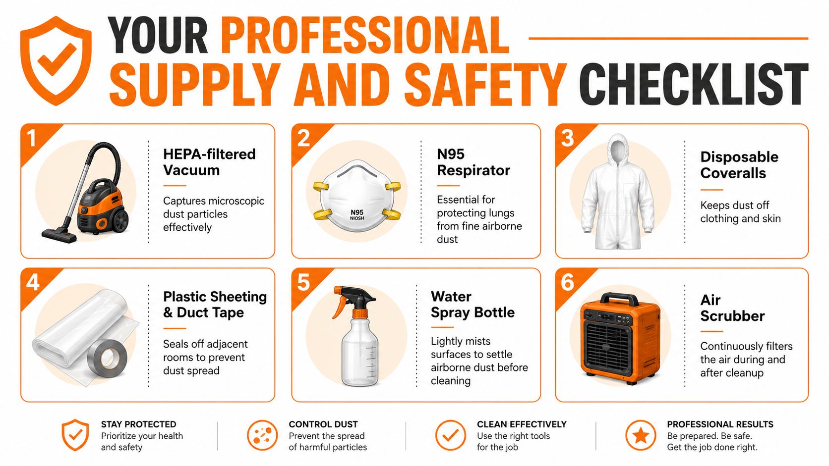 A professional supply and safety checklist for cleaning drywall dust, featuring tools like respirators, vacuums, and scrubbers.