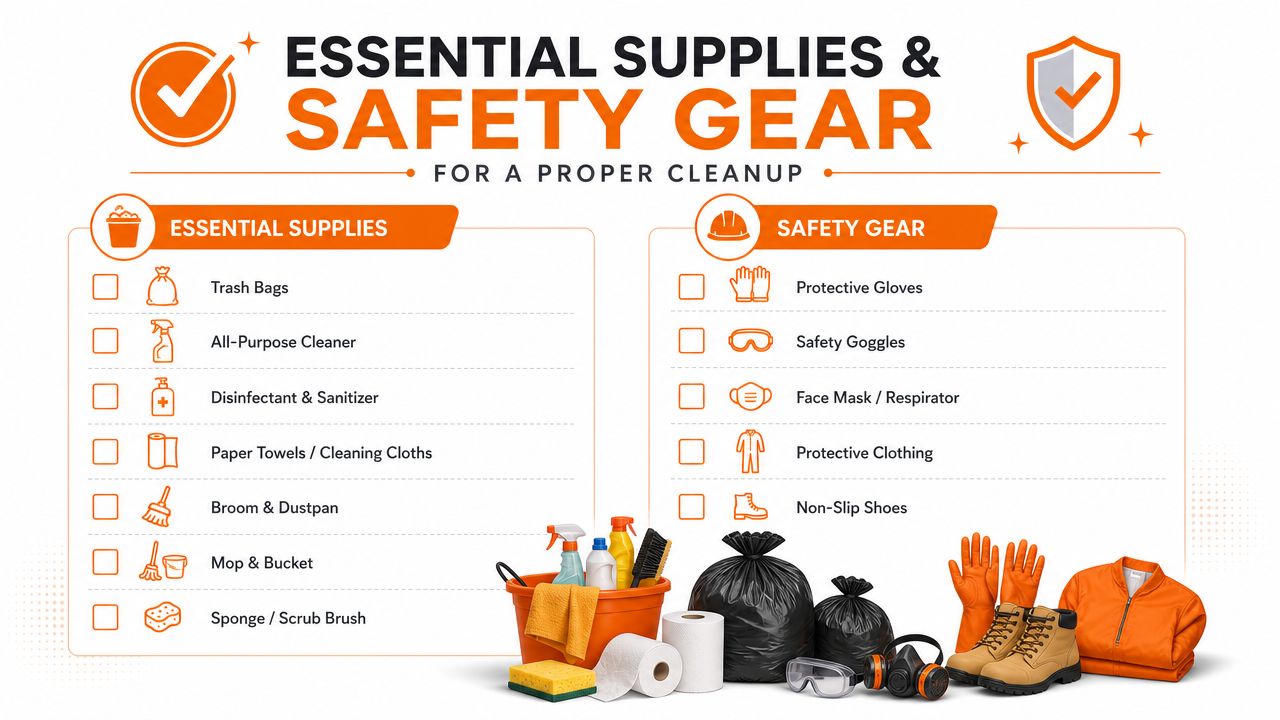 A checklist of essential cleaning supplies and safety gear recommended for a proper residential or commercial cleanup.
