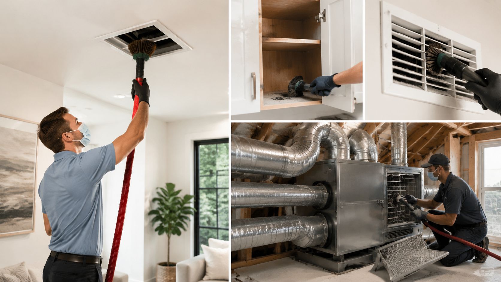 A professional technician wearing a face mask cleans residential air ducts and HVAC components with specialized equipment.